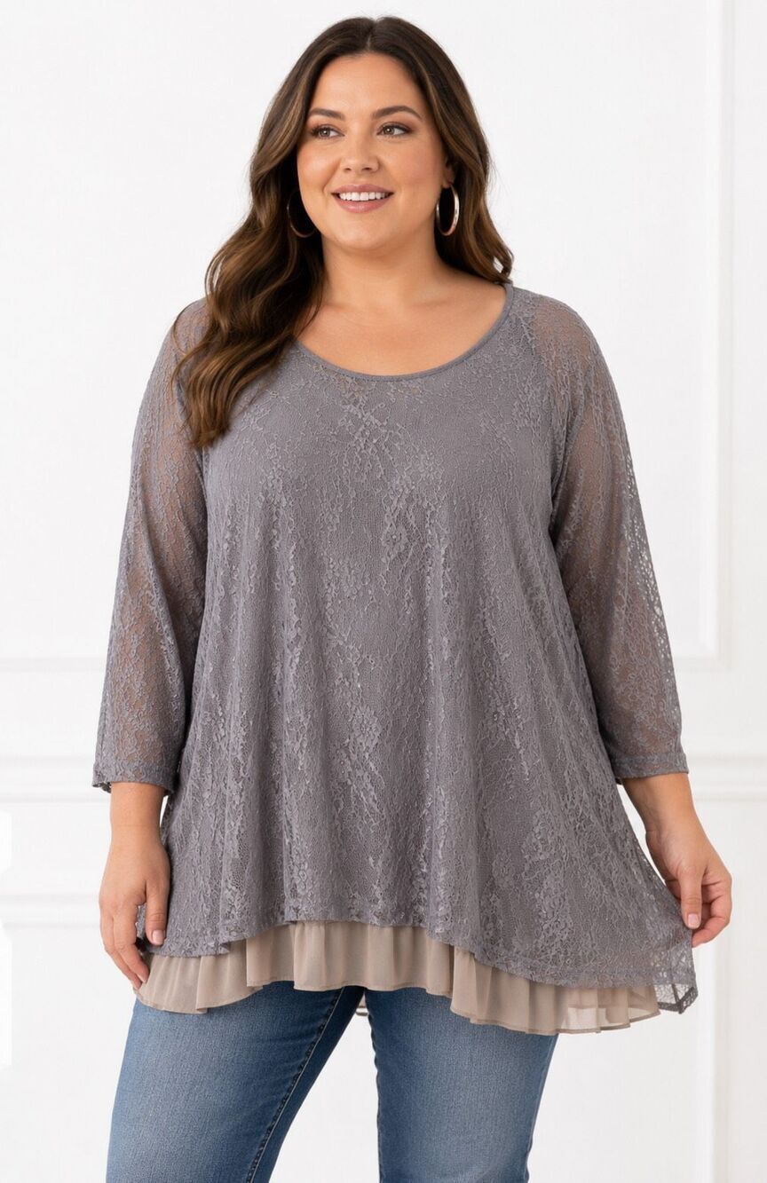 NWT Indigo Soul Burnout Lace Tunic Gray Lagenlook Blouse Womens 2X